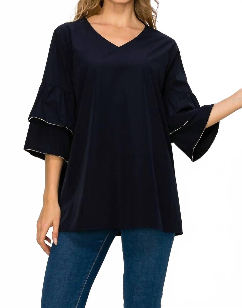 NEW JOH wesenia top with ruffled trimmed beading in dark navy